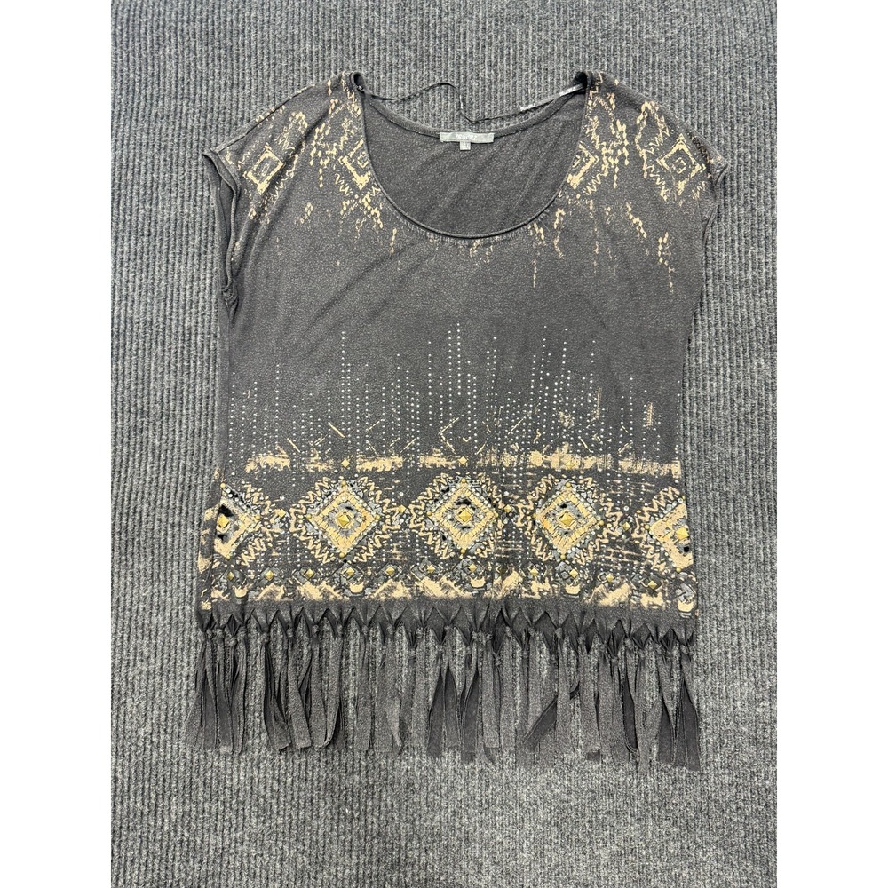 Miss Me Women's L Black Fringe Top Rhinestone Studded Western Aztec Boho Shirt
